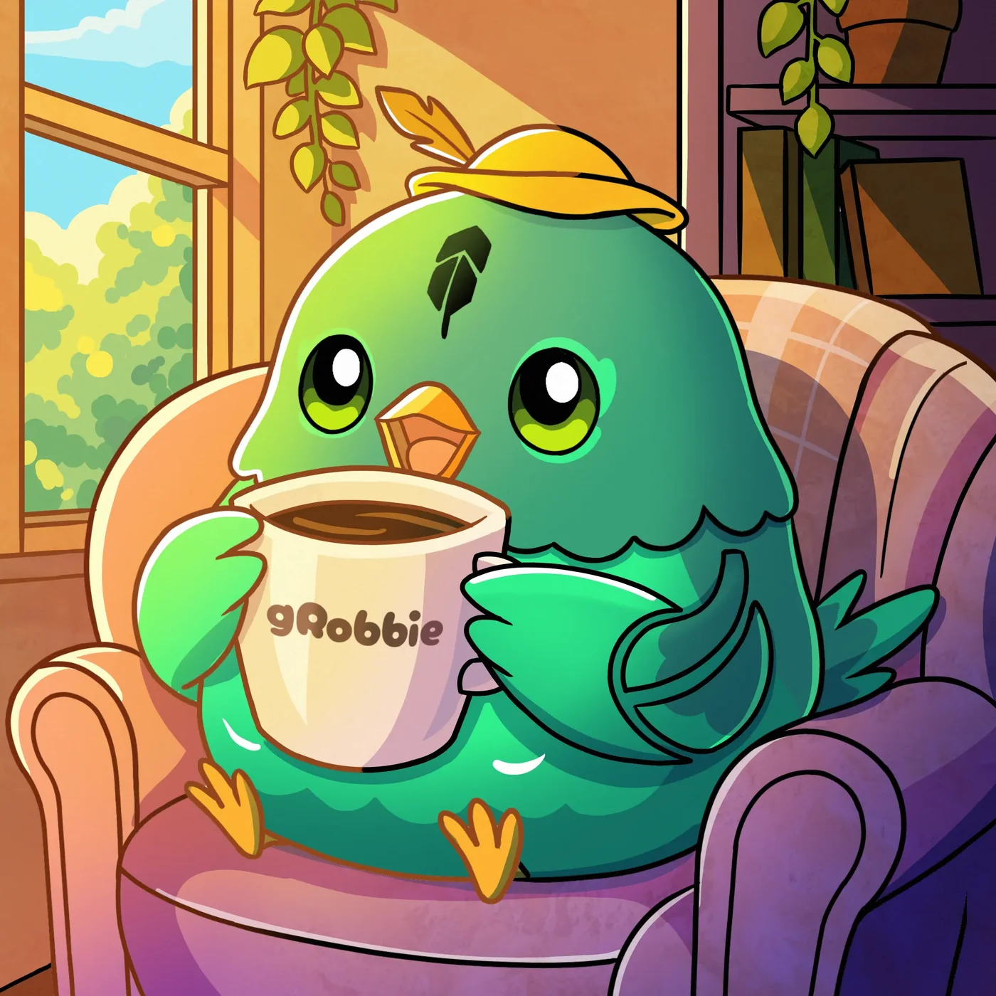 Robbie relaxing in an armchair with a mug of coffee